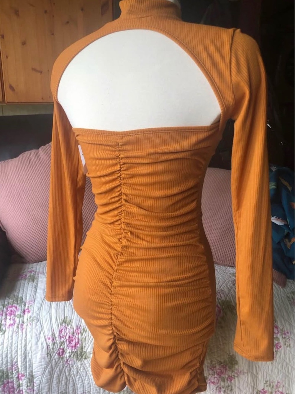 FOREVER 21 Open-Back Ruched Long Sleeve Mock Neck Ribbed Bodycon Dress Mustard